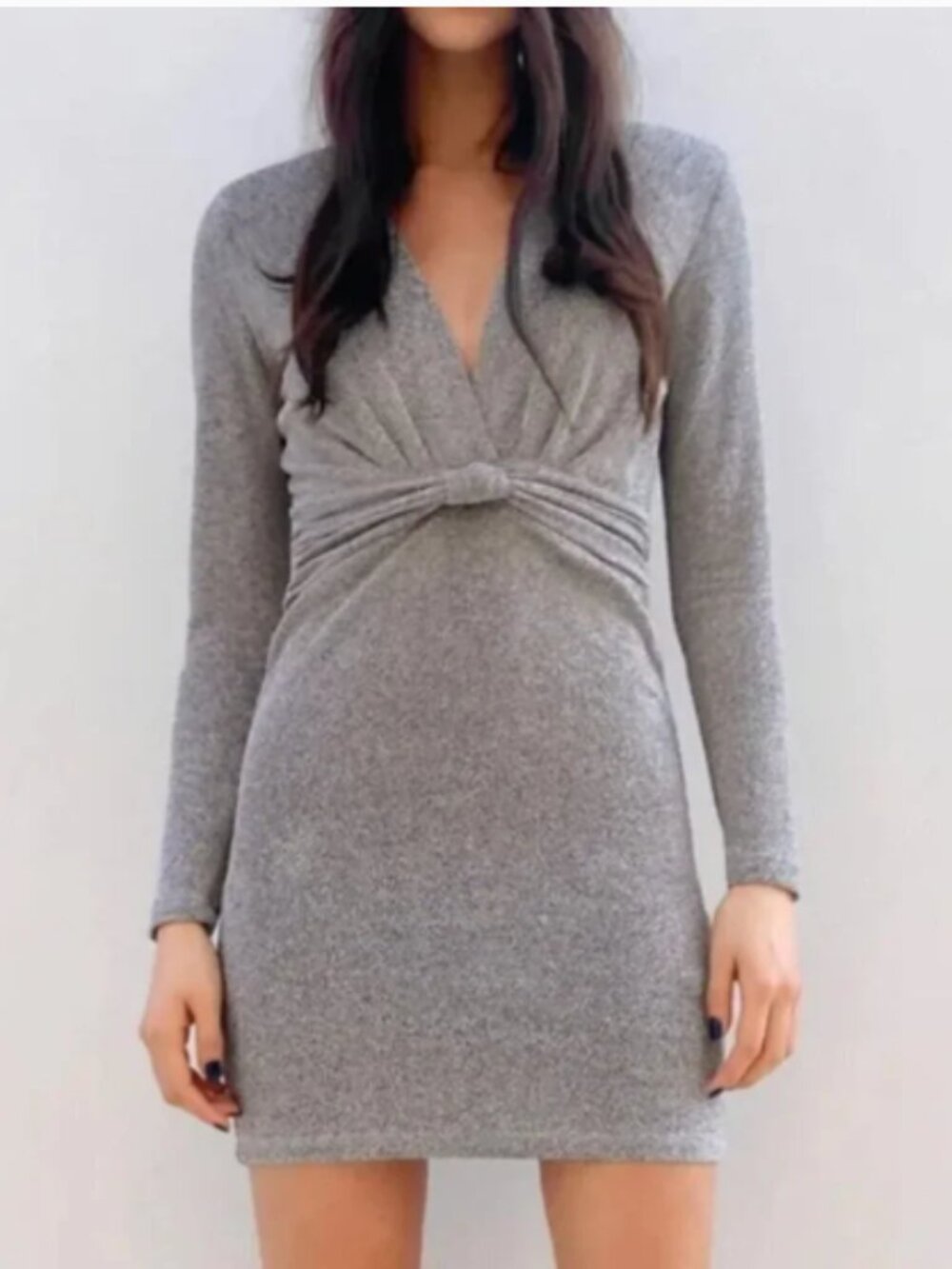 Zara LIKE NEW silver metallic sparkle long sleeve twist front deep V mini dress